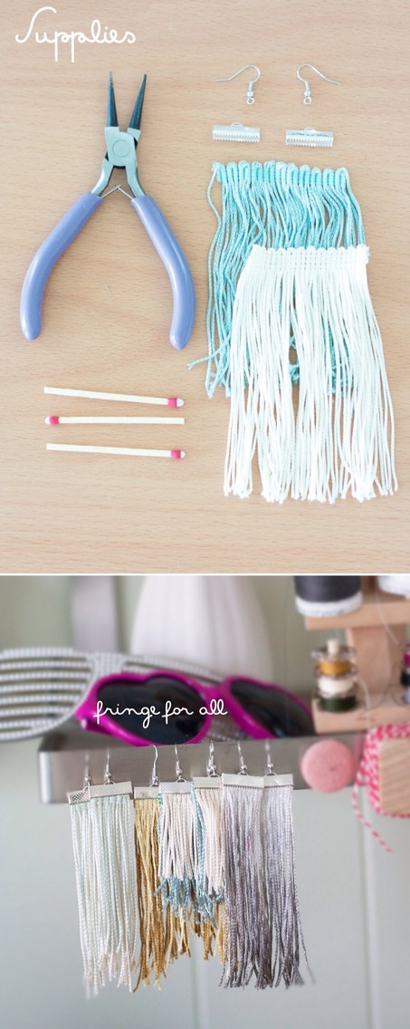 Fringe Earrings (these would match the Tiny Tassel Bracelet terrifically!)

Full instructions here:
http://thealisonshow.com/2012/03/diy-fringe-earrings-for-all.html