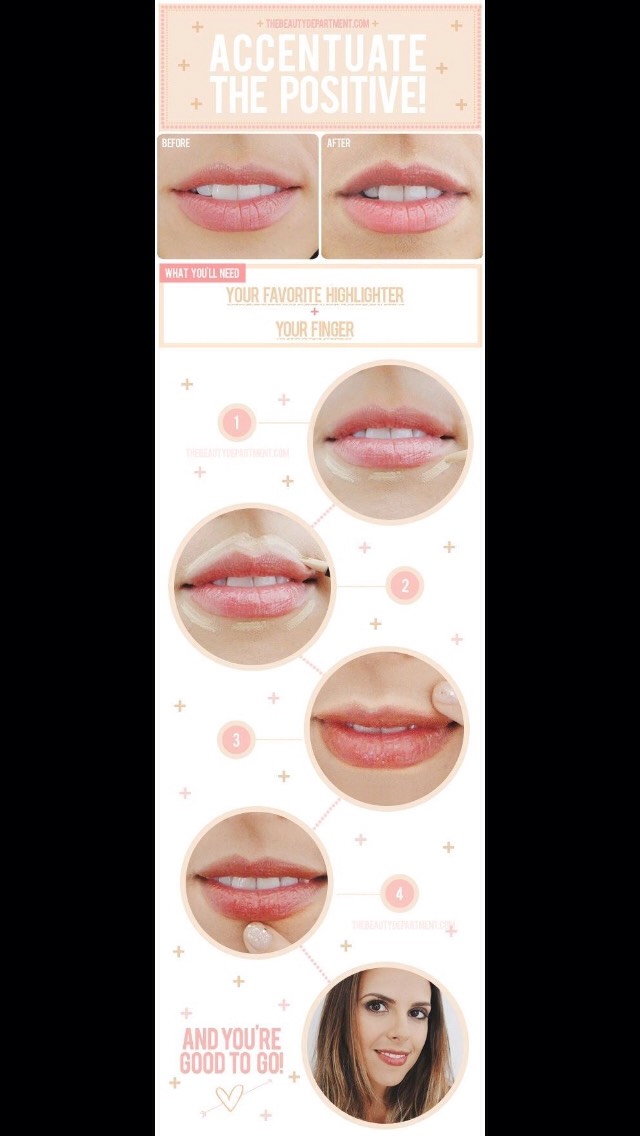 This trick makes your lips stand out and have a clean shape. Another tip, make sure your lips are exfoliated and moisturized before you do this, chapped lips will make the highlighter look dull. It'll be like putting on the highlighter for no reason. 