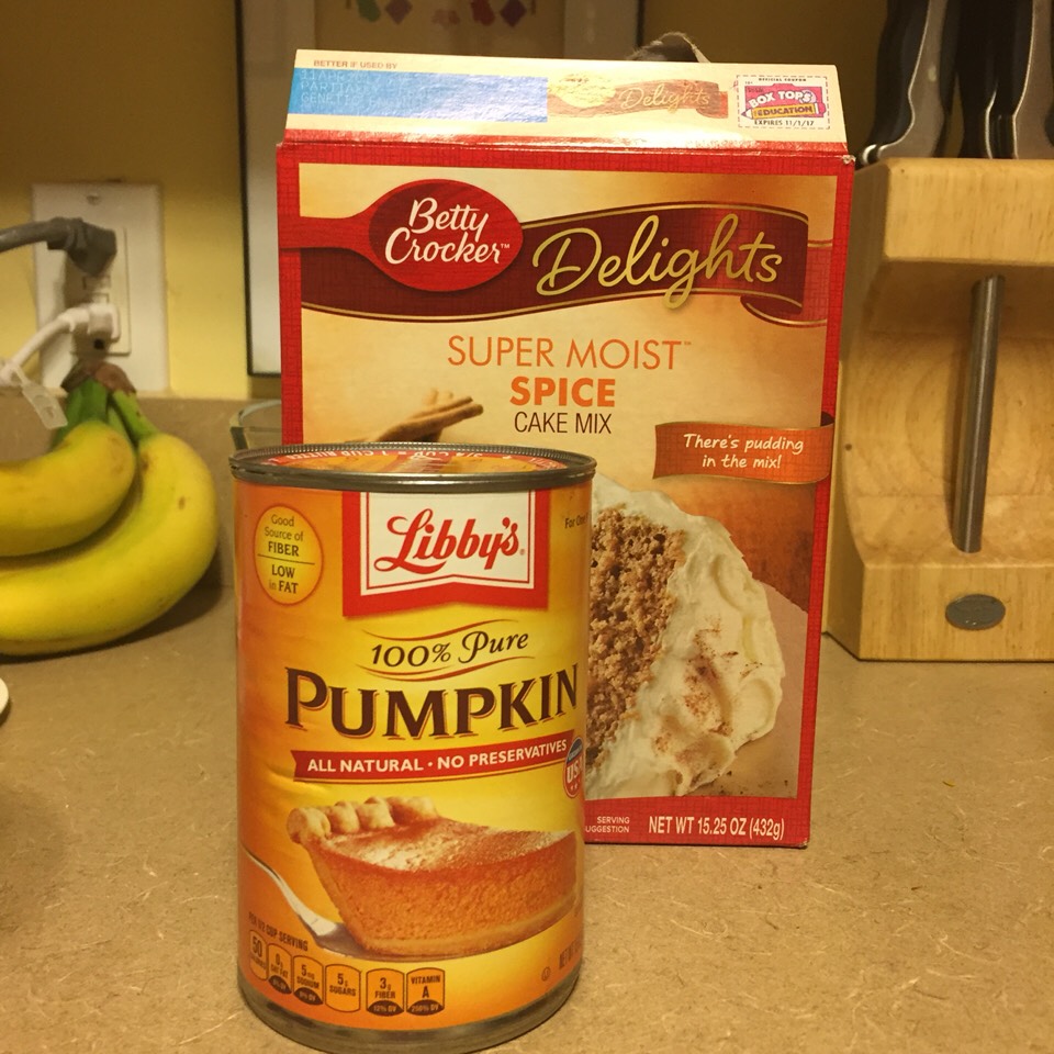 Ingredients:
One 15.25oz box Betty Crocker Delights Super Moist Spice Cake Mix
One 15oz can Libby's 100% Pure Pumpkin