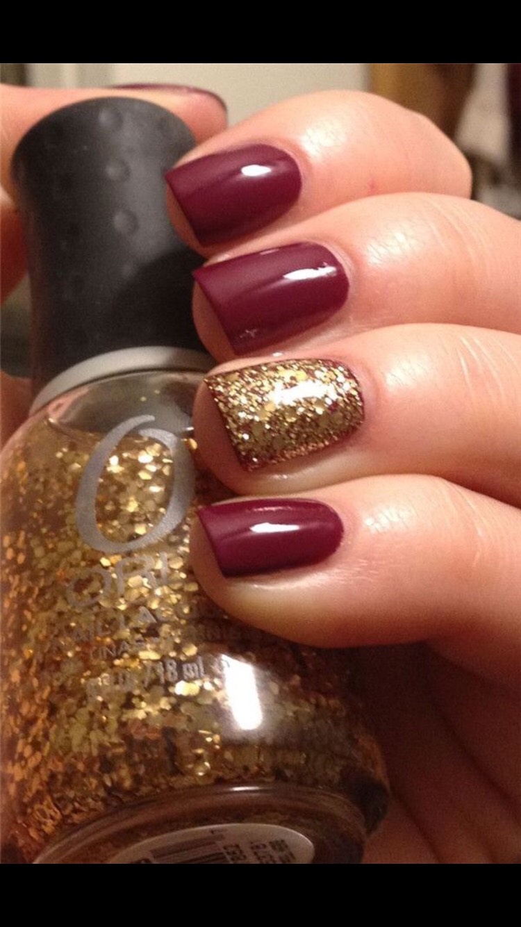So simple but incredibly gorgeous! All you do is get a ruby red gel polish, gold glitter polish, and make whatever nail you want the accent nail! (An accent nail, if some may not know, is the nail you put the separate color on.)