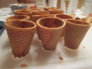 Use a serrated knife to cut off the bottoms of the ice cream cones.  Slow and stead wins the race here.  Just be gentle and work deliberately.  Obviously have some extras on hand in case a few break.  