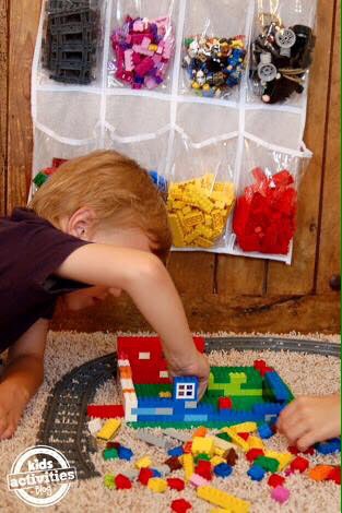 Store your child Legos in a plastic shoe rack 