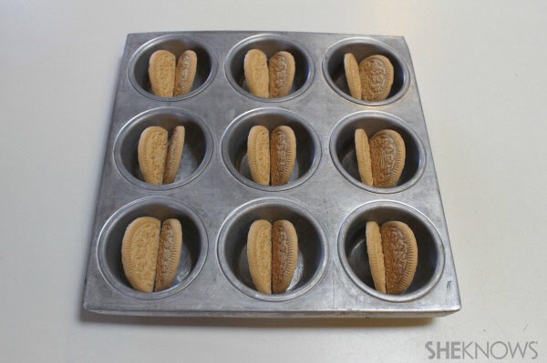 Align the cut wafers inside of a mini cupcake pan to form the angled shape of a taco shell as shown above.