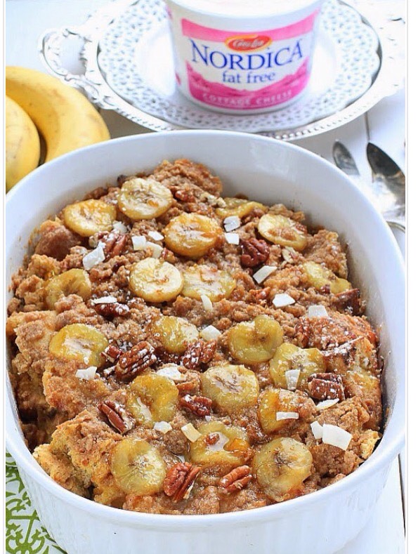 Banana pecan streusel French toast bake