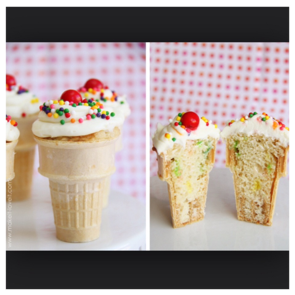 These cupcakes are super easy to make and great for birthday parties! Get an ice cream cone and pour batter so the cone is 3/4 full and bake 