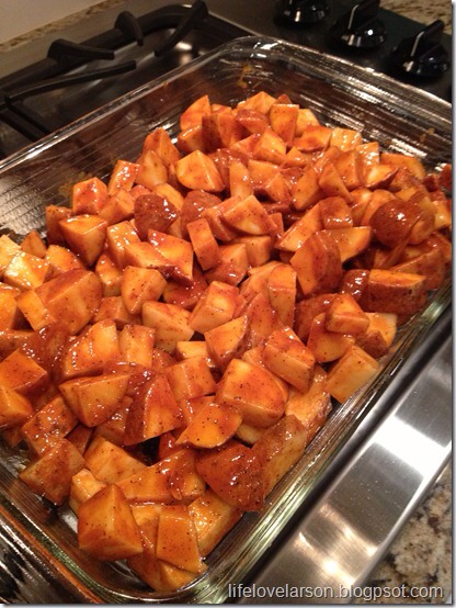 Directions:
1.Preheat oven to 500 degress (hot, hot, hot).  In a large bowl mix together the olive oil, salt, pepper, paprika, garlic powder & hot sauce. Add the cubed potatoes and stir to coat.