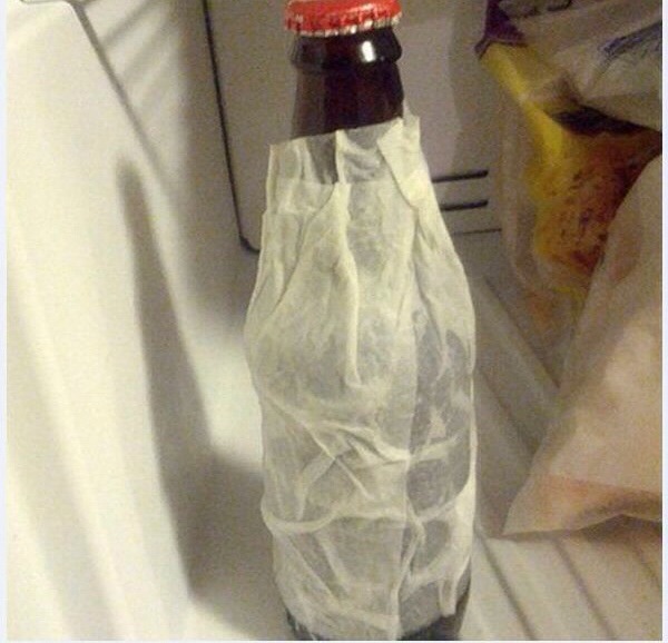 Wrap a damp paper towel round a bottle and stick it in the freezer for 5minutes to get a chilled refreshing drink quickly