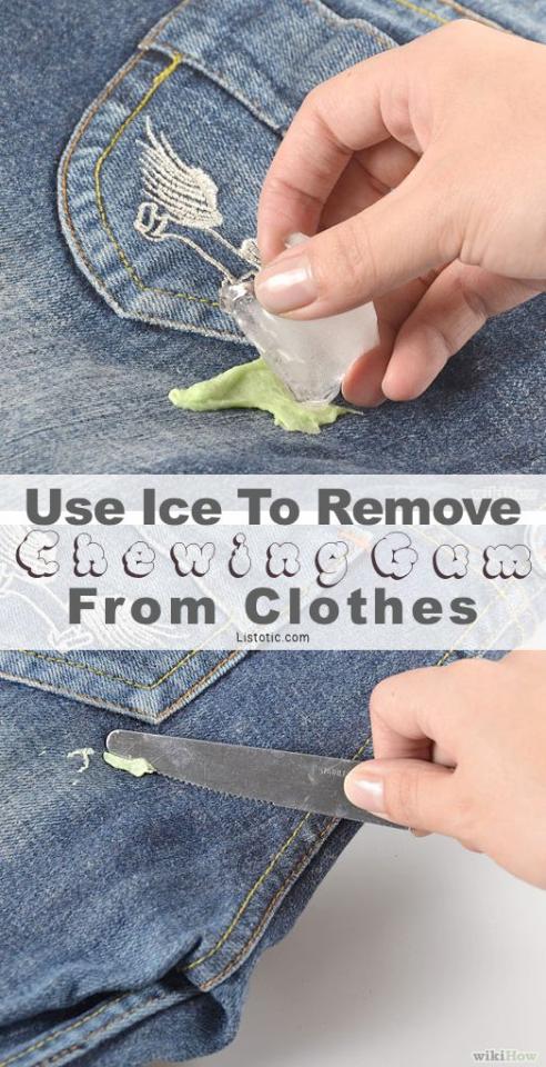 Got gum on your jeans? then use an ice cube and rub it on the jeans and then use a knife and the gum comes of easy as pie