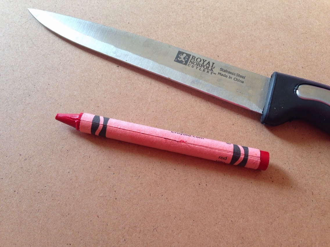 You need to choose the colour/colours that you would like to use and then remove the wrappers from the crayons. Using a knife is probably the quickest way but not maybe the best especially if you're a bit on the clumsy side, so you could just do it by hand...