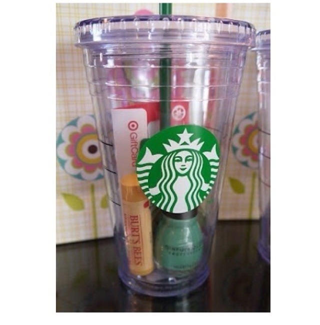 1. Fill a reusable cup with their favorite things (lipbalm, nailpolish, gift cards, candy, gum and anything else that fits