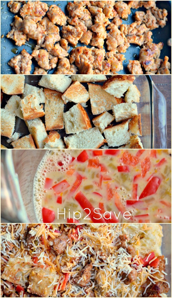 Directions:

Crumble sausage into a medium skillet.  Cook over medium heat until evenly brown; then drain.

Place cubed French bread in a 9×13 pan.

Place cooked sausage over the bread.

Mix eggs, milk, salt, green chilies, and red bell pepper together in a medium sized bowl.

