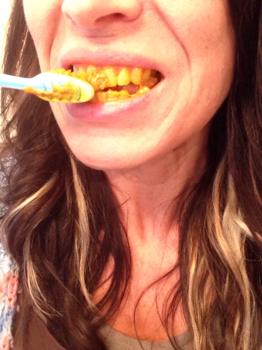 Brush teeth with paste for 2 or 3 minutes

Spit and rinse

Brush teeth agin with your regular toothpaste. Voila!

**Tumeric will stain other things so wash your mouth or counter right away if you get any on it**
