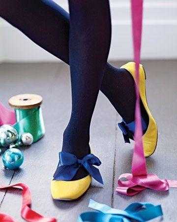 4. Tie a ribbon around your feet and then slip on some flats to one-up a simple look.