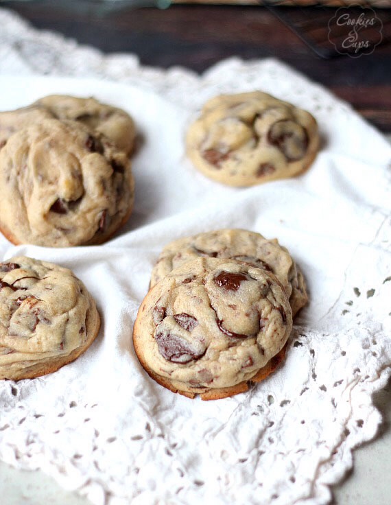 Super gooey chocolatey and delicious ! 
I love this recipe for perfect chocolate chunk cookies!  A nice thick, soft cookie, slightly crispy around the edges, loaded with milk and semi-sweet chocolate chunks!

