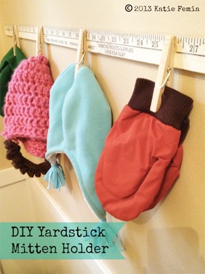 $2 DIY Yardstick Mitten Holder! Wow. I really wish I’d thought of something like this when my kidlets were all little! :-)


