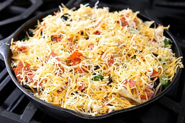 Finish the nachos off by adding the Colby Jack cheese.