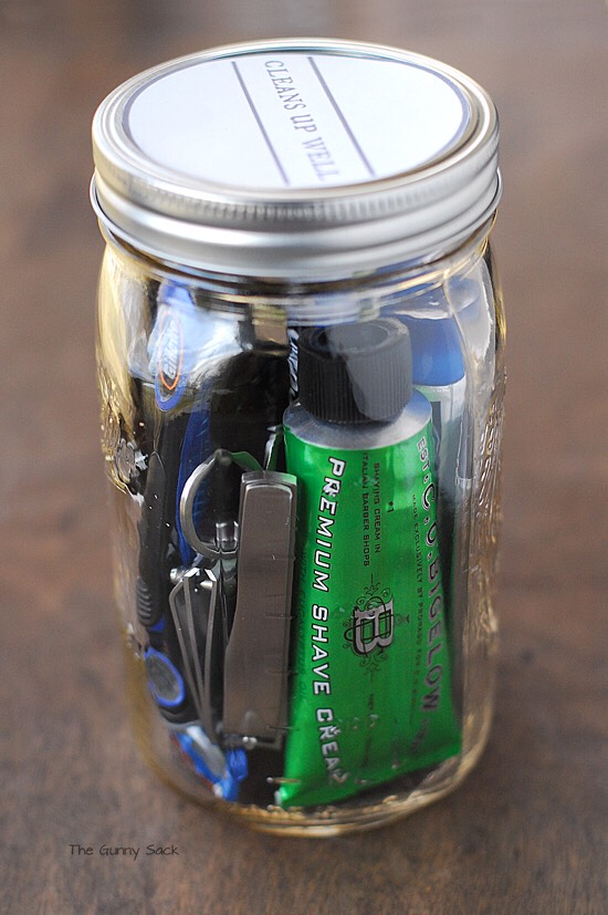 A mans jar. From shaving cream to a small toolkit. 