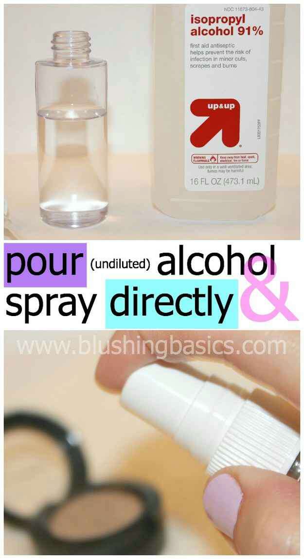 7. Pour alcohol into a small spray bottle, then spritz any pressed powder cosmetics you have to disinfect them.