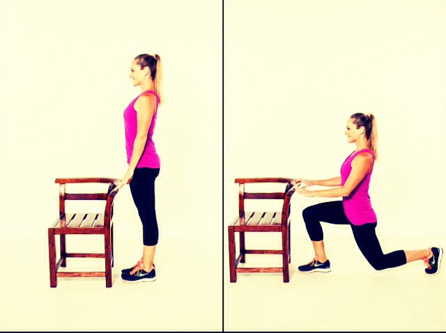 Step 3: last but not least we're doing chaise lunges. Chair lunges are when u put both hands on the back of any chair and put one leg almost touching the ground( make sure your leg is not touching the ground) and hold your leg their for 5 seconds. Switch legs repeadetly for one minuet.