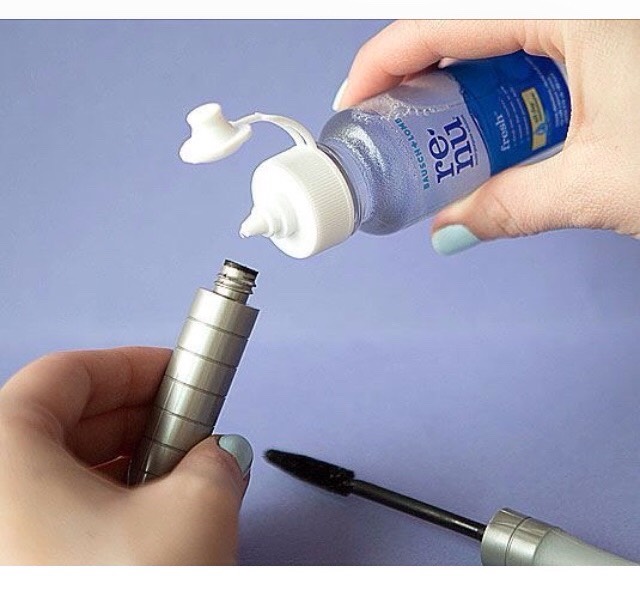 If you want to make your flaky, clumpy mascara last longer, mix a little contact solution in.