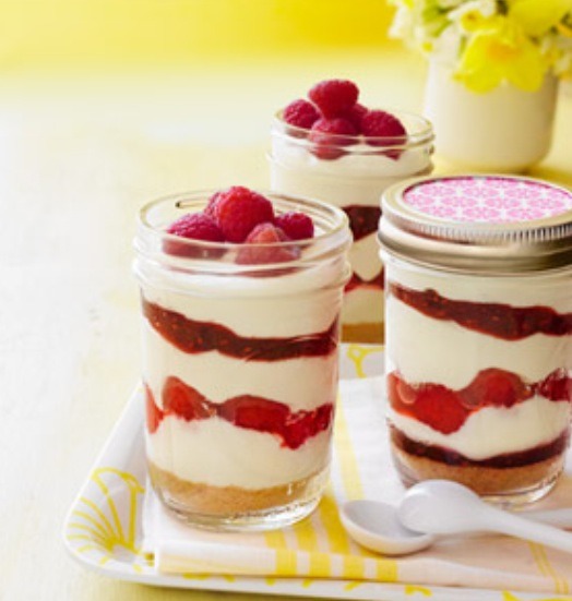 Start with the Grounded Biscuits for the Bottom Layer First. Make a Layer of the Cheesecake Batter, Raspberries, Cheesecake Batter Again, Raspberry Jam and Again Top off with the Cheesecake Batter. Refrigerate for 2 Hours before Serving. 
There you Have your Non-Bake Raspberry Cheesecake in a Jar