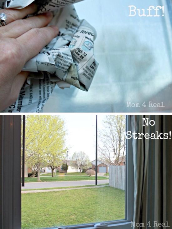30. No streak window cleaning

Spray your windows down with a vinegar, water, and dish soap mixture. Use a white cloth to clean the windows. And lastly, buff and dry the window with wadded up newspaper.
