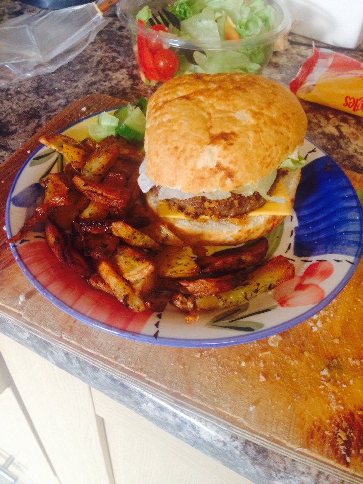 When cooked, place on a burger bap topped with salad, cheese and whatever sauce tickles your fancy.
Add a side plate of your paprika chips and Italian herbs chips.
And, enjoy! :)