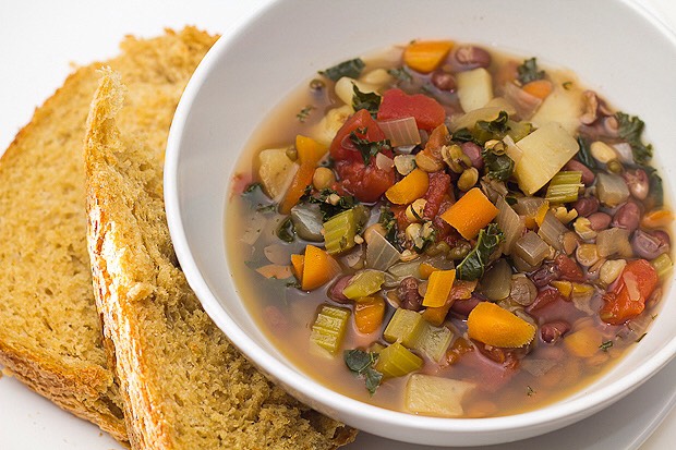 Lentil soup and whole wheat bread or pita for dipping. I cut up a few different veggies and add a veggie stock cube/seasoning for flavor and cook using the directions on the package. It's very filling and good for winter.