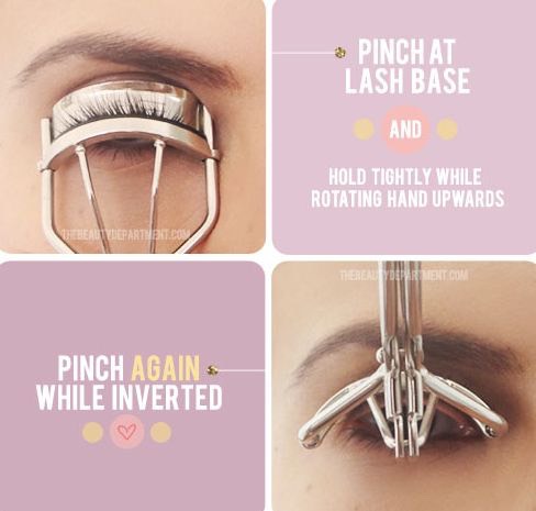 13. Lash Curling Secret
Get the most out of your lash curler by pinching at the very base of  your lashes, and then lifting the curler up into an inverted position. This creates double the curl and lasts much longer!