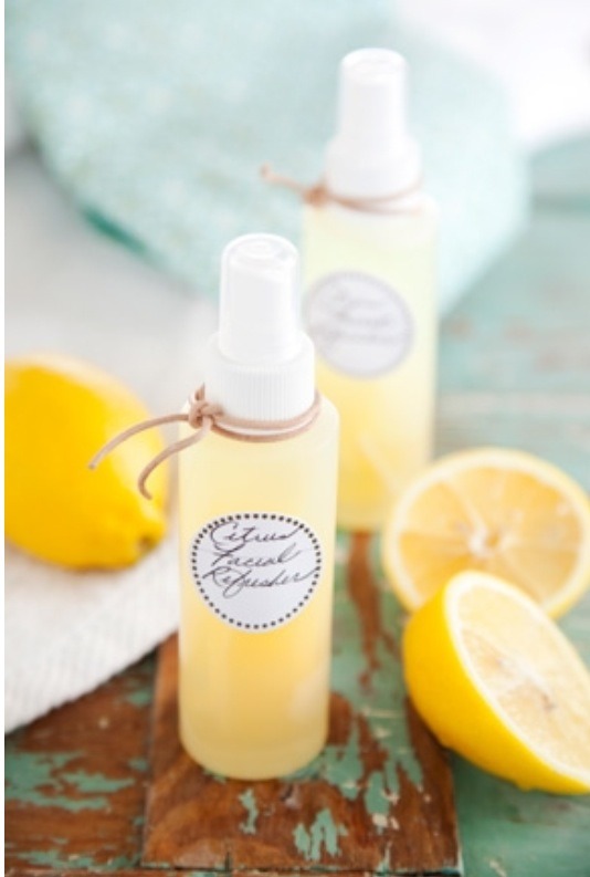 FACE SPRAY
2 cups water
1 vitamin C tablet 
Peels from 2 lemons
4 (4 oz.) plastic spray bottles
In a small sauce pan, bring water to a boil. Add vitamin C tablet and stir until dissolved. In a medium glass bowl, add the lemon peel. Pour the hot water over the lemon peel and cover with plastic wrap. 