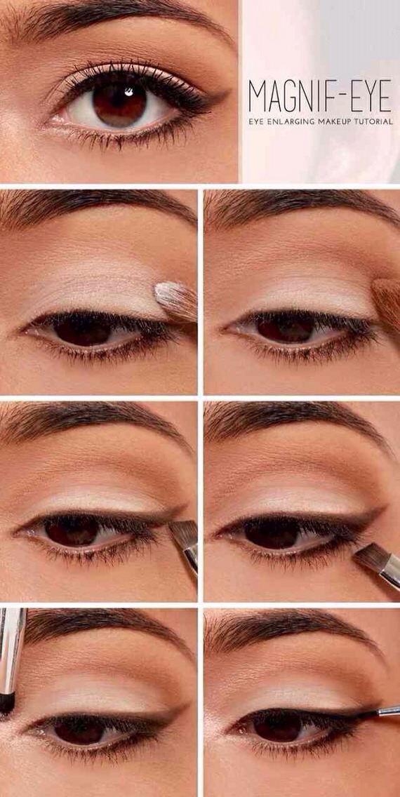 Again
- Flush the eye with a light eye shadow
- Define by adding a light brown pigment to the crease and blend 
- Define the eye, by using a coffee brown eyeshadow to line the eye 
- Add mascara 