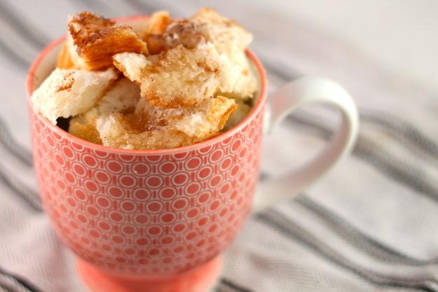 1 1/2 slices bread cubed
1 egg
3 tbsp milk
cinnamon and vanilla
mix wet ingredients in seperate bowl then dump over bread filled mug. microwave starting with 1 min. add 10 secs till cooked to your liking  
