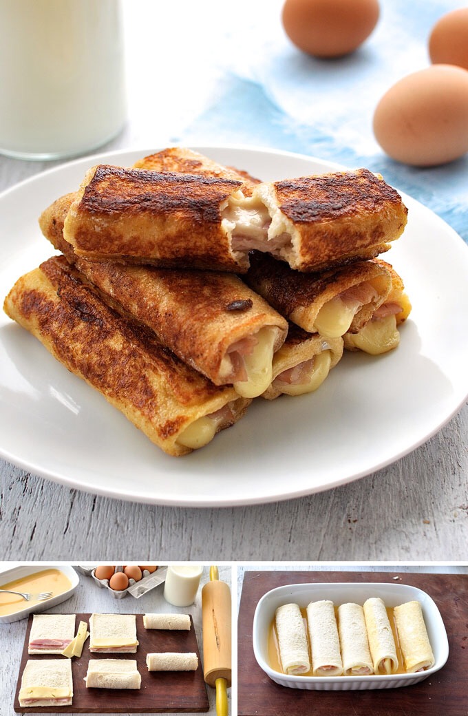 http://www.recipetineats.com/ham-cheese-french-toastie-roll-ups/