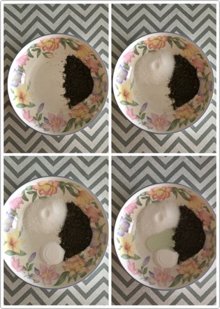 Cut the tea bags add them in a bowl
Add the Epsom salts, baking soda, and body wash.
