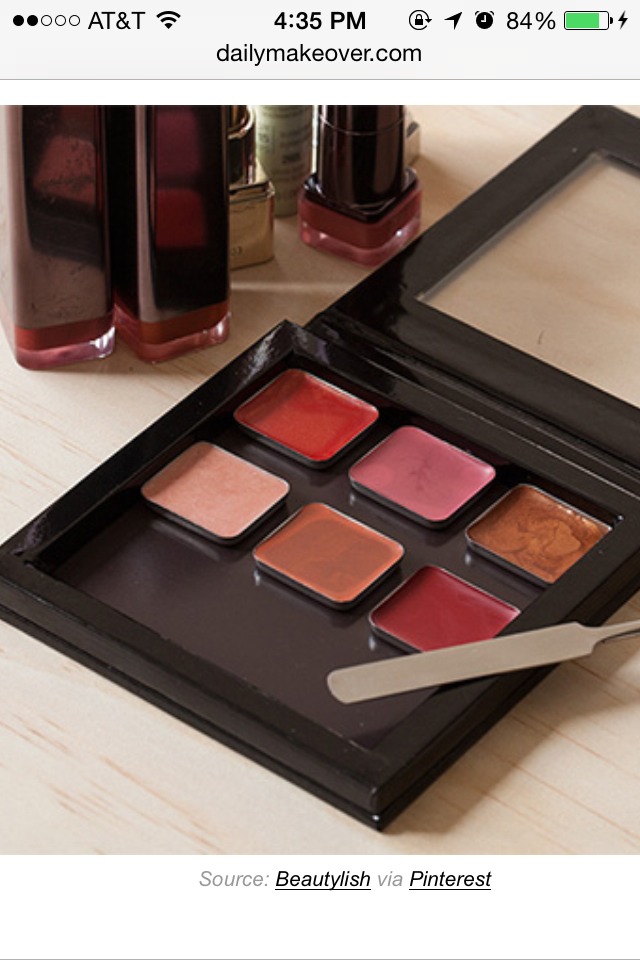 19. Create your own lip palette by scooping lipstick out of the tube and putting it into a pill container with multiple compartments or empty eyeshadow palette. Heat the lipstick in a spoon held over a candle to melt it a bit, which makes it easier to shape.