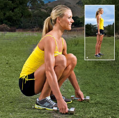 Pick-up Squat
Squat to 90 degrees with your chest high as you place the dumbbells down outside your feet.
Stand up straight without breaking form. Then immediately squat back down and pick the weights up.
Repeat as much as you can in a minute without breaking form.