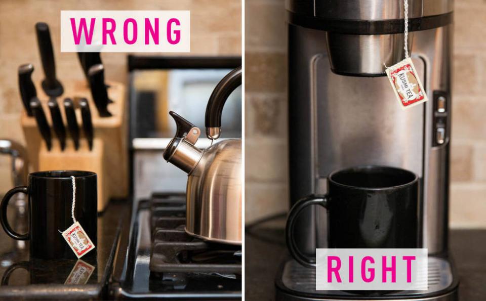 13. You use a kettle to make a cup of tea. This takes too long and makes tea that's much too hot to drink. Put a tea bag in the coffee pod compartment of your single-serving coffee maker. The tea will steep while the water drips and come out the perfect temperature.