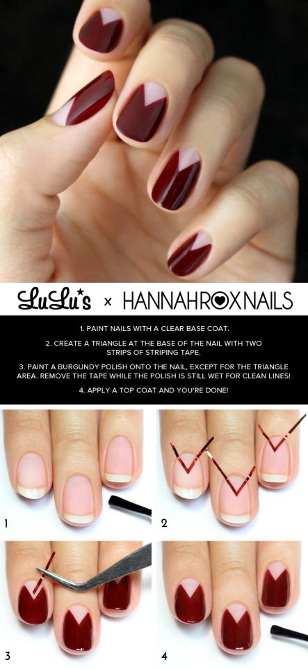 7. Burgundy Chevron Half moon Nail Tutorial.