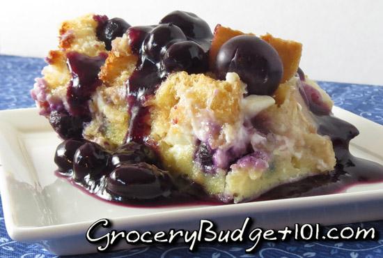 Preheat the oven to 350 degrees F (175 degrees C).

    Bake about 35-40 minutes, until center is firm and surface is lightly browned. While the french toast is baking, reheat the blueberry sauce over low heat (or in the microwave).

    Serve in slices with a generous splurge of blueberry sauce