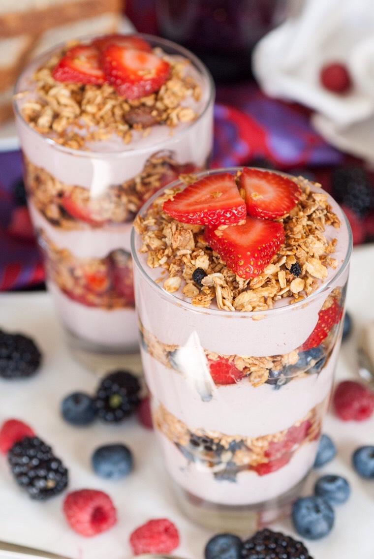 Breakfast Idea #5
Vanilla low fat yogurt (or Greek), choose 1 or all- strawberries, blueberries, raspberries, blackberries ,low fat granola 
Start your parfait by putting in a layer of yogurt, then one of fruit(s) and one of granola, continue until your cup or jar is full
8oz water or milk of choice