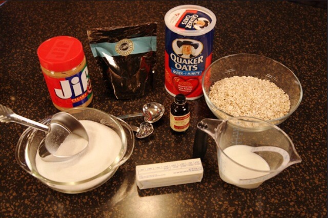 You will need
-2 cups sugar
-4 tablespoons cocoa
-1 stick of butter
-1/2 cup milk
-1 cup of peanut butter
-1 tablespoon vanilla
-3 cups oatmeal
-waxed paper