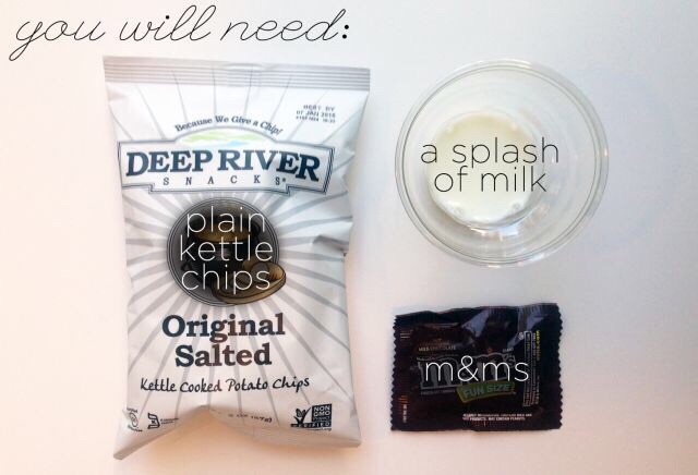 To make this salty sweet treat, you'll need some kettle or potato chips, m&ms, and a splash of milk.