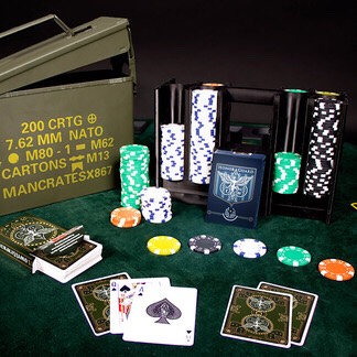 The Ace In The Hole  –  The Ammo Can Poker Set is the product of a steamy encounter between portability and durability, tough enough to protect your gambling gear from the perils of nature, sword attacks, and the harshest of words...because some people are just sore losers.