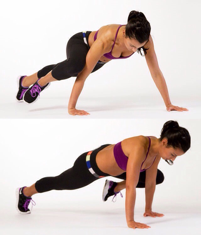 20 on each side
Alternate sides and lift knee towards the outside of your elbow.