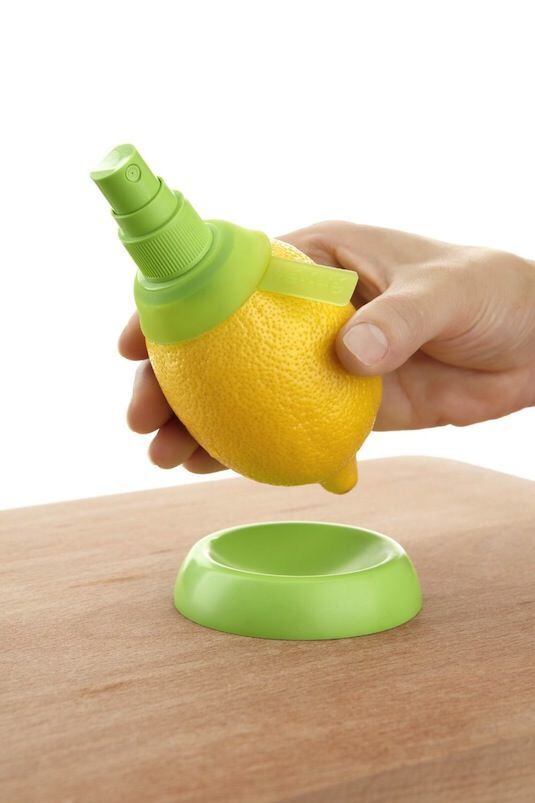 --> Citrus Sprayer
-> Spray fresh lemon juice right out of a lemon? What? 
-> Yes, and even limes, grapefruit, oranges, and other citrus
-> Great for salads, fish, shrimp, etc
-> You can also spray your unused avocado halves with it to keep them from browning
