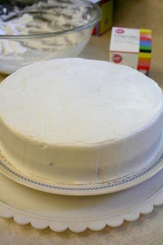 First, bake your cake and let it cool thoroughly. It needs a flat top, so do what you have to to make it flat. 