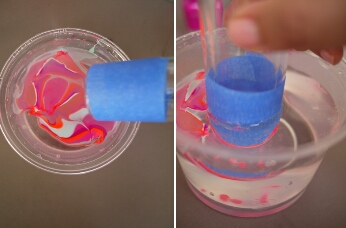 Submerge the bottom of the glass into the
polish. Allow the polish to collect around the sites of the glass and pull out carefully. Little air bubbles may form but that is to be expected! Before marbling the next glass, take a clean toothpick and sweep up any excess of polish from the water.