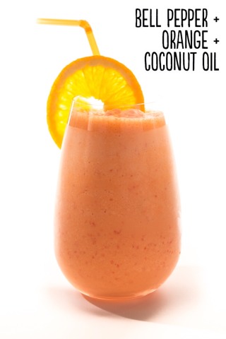 How to: Place 1 red bell pepper (quartered, stem and seeds removed), 1 peeled navel orange, and 1 tablespoon coconut oil into a blender. Blend until smooth. Serves 1.

Extras: Spice it up with cayenne pepper or ground cinnamon.