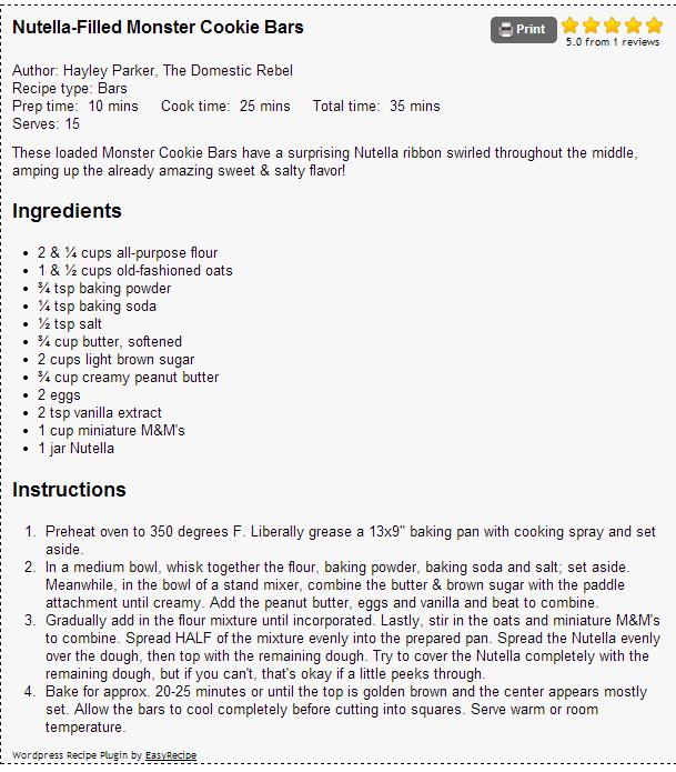 Nutella Filled Monster Cookie Bars