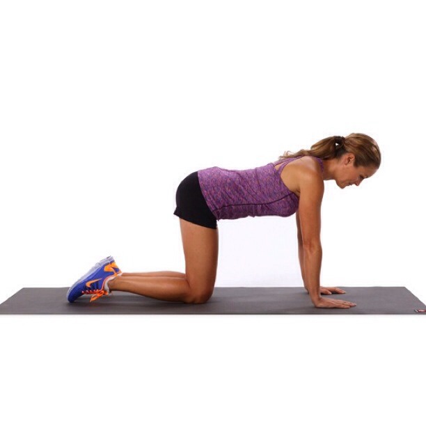 To begin, position yourself comfortably on all fours and make sure your abdominals are engaged, and that your back is in a neutral and steady position.